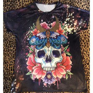 Graphic Skull Design w/ Butterfly & Flowers  TIE DYE All Over Print Front & Back